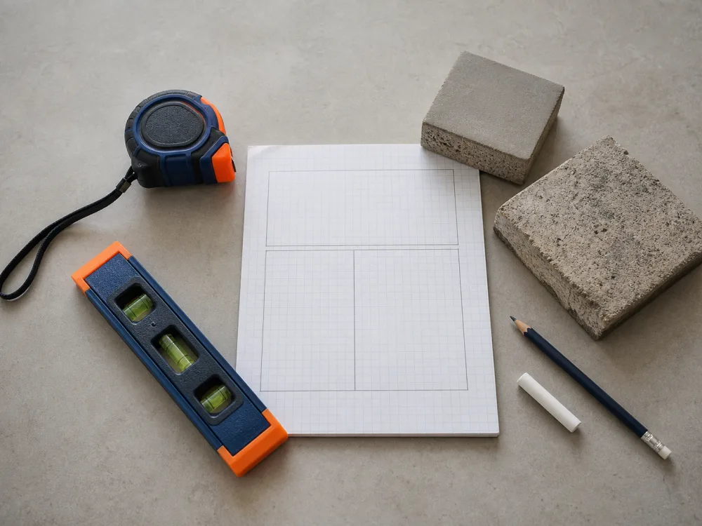 Tape measure, level, chalk and a blank concrete-panel sketch prepared for a quote request.